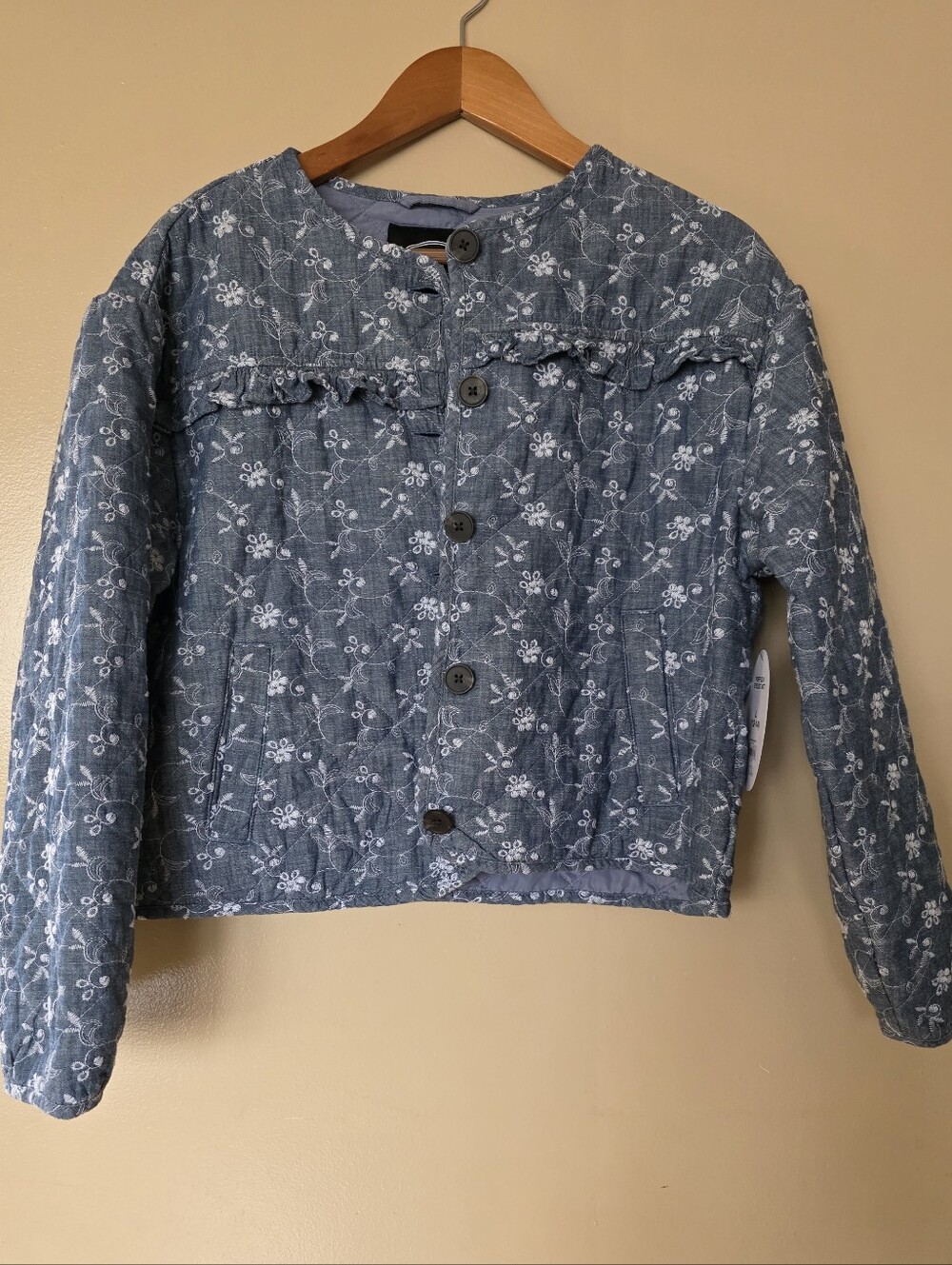 Scoop Cotton Quilted Eyelet Jacket L Floral Embroidered Puff Sleeve Cottagecore